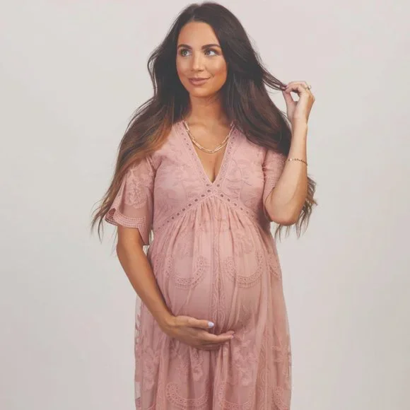 Light Pink Lace Mesh Overlay Maternity Maxi Dress - Small Light Pink Lace Mesh Overlay Maternity Maxi Dress - Small